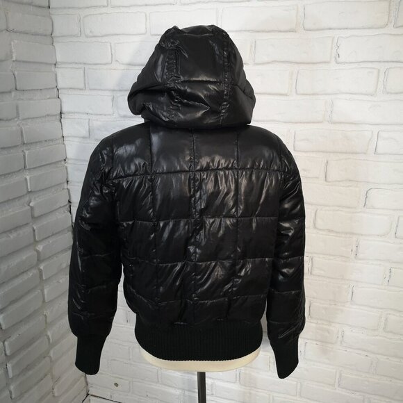Old Navy Ladies Size Medium Shiny Black Fleece Lined Puffer Bomber Jacket - Picture 2 of 12